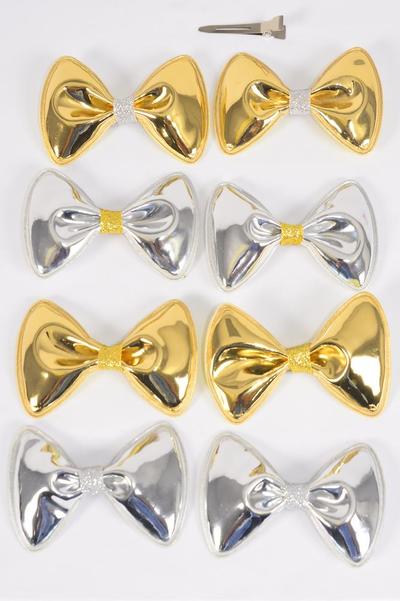 Hair Bow 24 pcs Metallic Gold Silver Asst / 24 pcs Bow = Dozen  Alligator Clip , Bow - 3.5" x 2.5" Wide , 6 of each Color Asst , Clip Strip & UPC Code