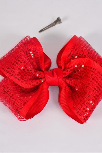 Hair Bow Extra Jumbo Cheer Type Bow Sequin Double Layered Grosgrain Bow-tie Red / 12 pcs Bow = Dozen Red , Size - 8" x 7" Wide , Alligator Clip , Clip Strip & UPC Code