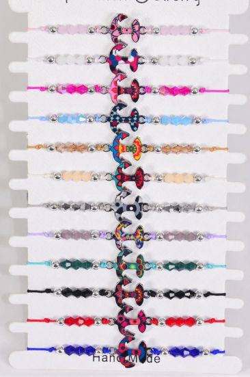 Bracelet Enamel Nautical Anchor Multi / 12 pcs = Dozen Pull-String , Adjustable , 12 Color Mix , Hang tag & OPP Bag & UPC Code , 1 Dozen per Card