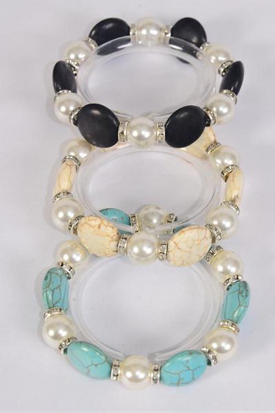 Bracelet 12 mm Glass Pearl & Round Semiprecious Stone & Bezel Stretch / 12 pcs = Dozen Stretch , 4 Black , 4 Ivory ,4 Turquoise Color Asst , Hang Tag & Opp Bag & UPC Code