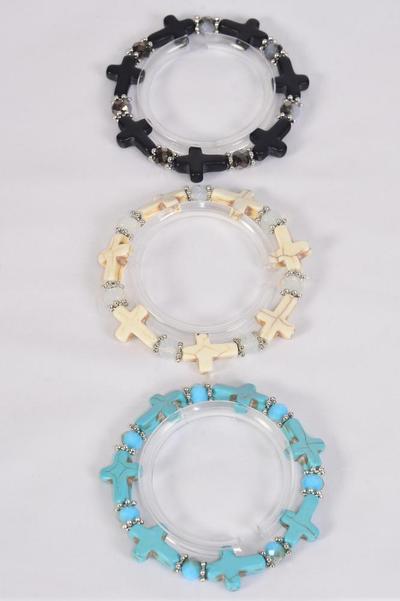 Bracelet Semiprecious Stone Cross Glass Crystal Mix / 12 pcs = Dozen Stretch , 4 Black , 4 Ivory , 4 Turquoise Asst , Hang Tag & OPP Bag & UPC Code