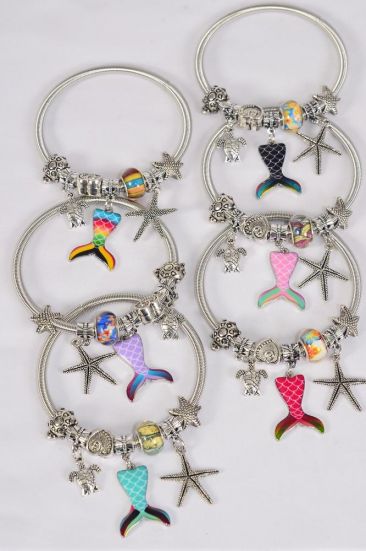 Bracelet Charm Bracelet Sea Creatures Mermaid Tail Enamel Charms / 12 pcs = Dozen match 00073 Stretch , 2 of each pattern Asst  Hang Tag & Opp Bag & UPC Code