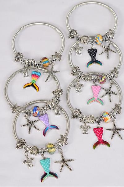 Bracelet Charm Bracelet Sea Creatures Mermaid Tail Enamel Charms / 12 pcs = Dozen match 00073 Stretch , 2 of each pattern Asst  Hang Tag & Opp Bag & UPC Code