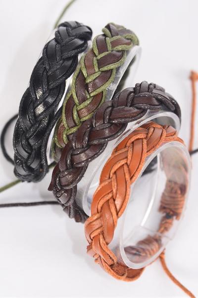 Bracelet Real Leather Hand Braided Fish Tail Adjustable / 12 pcs = Dozen  Unisex , Adjustable , 4 of each Pattern Mix , Hang tag & OPP Bag & UPC Code