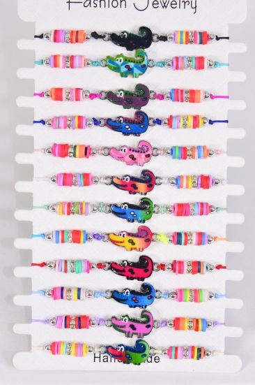 Bracelet Enamel Crocodile Multi / Sterling Silver Pull-String , Adjustable , 12 Color Mix , Hang tag & OPP Bag & UPC Code , 1 Dozen per Card