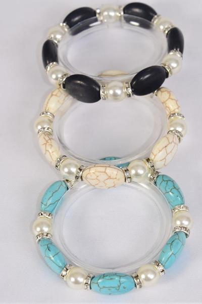 Bracelet Pearl and Oval Semiprecious Stone Mix Stretch / 12 pcs = Dozen Stretch , 4 Black ,4 Ivory , 4 Turquoise Color Asst , Hang Tag & Opp Bag & UPC Code 