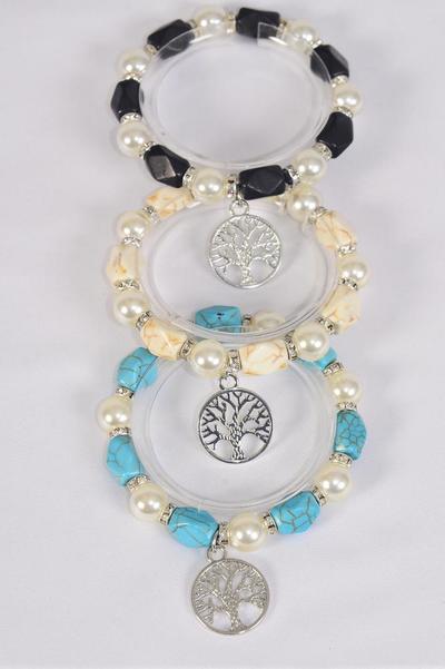 Bracelet 10 mm Glass Pearl w Semiprecious Stone Rhinestone Bezel Mix Tree Of Life / 12 pcs = Dozen Stretch , 4 Ivory , 4 Black , 4 Turquoise Mix  ,Hang Tag & Opp Bag & UPC Code