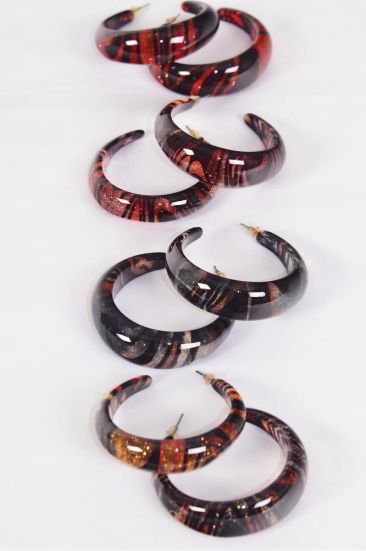 Earrings Poly Hoop Swirl Pattern Color Asst / 12 pair = Dozen Post , Size - 1.75" Wide , 2 of each Pattern Asst , Earring Card & OPP Bag & UPC Code