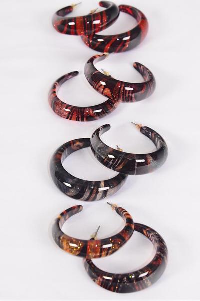 Earrings Poly Hoop Swirl Pattern Color Asst / 12 pair = Dozen Post , Size - 1.75" Wide , 2 of each Pattern Asst , Earring Card & OPP Bag & UPC Code