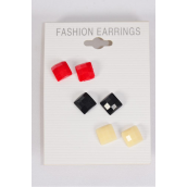 Earrings 3 Pair Poly Square Infinity Cut/DZ **Post** Black White Red Mix,Earring Card &amp; OPP bag &amp; UPC Code,3 pair per Card,12 card= Dozen