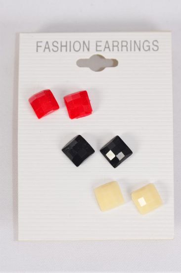 Earrings 3 Pair Poly Square Infinity Cut/DZ **Post** Black White Red Mix,Earring Card & OPP bag & UPC Code,3 pair per Card,12 card= Dozen