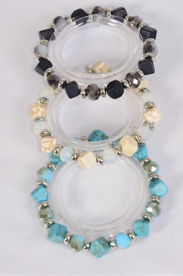 Bracelet 10 mm Glass Crystal &  Square Semiprecious Stone Mix / 12 pcs = Dozen Stretch , 4 Ivory , 4 Black , 4 Turquoise Mix , Hang Tag & Opp Bag & UPC Code