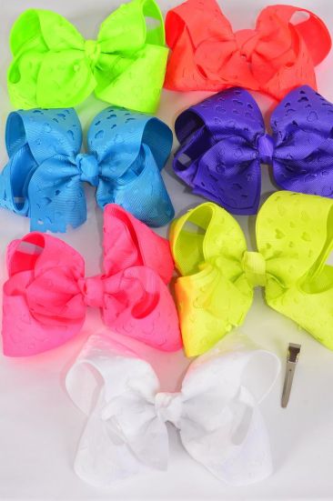 Hair Bow Jumbo Double Layered Carve Heart Caribbean Neon Grosgrain Bow-tie / 12 pcs Bow = Dozen  Alligator Clip , Size - 6" x 5" Wide , 2 Turquoise , 2 Orange , 2 White , 2 Purple , 2 Pink , 1 Yellow , 1 Lime Mix , Clip Strip and UPC Code