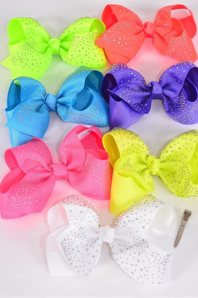 Hair Bow Jumbo Iridescent Studded Grosgrain Bowtie Caribbean Neon