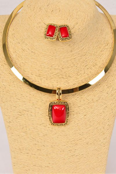 Necklace Sets Gold Choker Poly Red Pandent Post / Sets Post , 16" Wide , Flexible , Display Card & OPP Bag & UPC Code