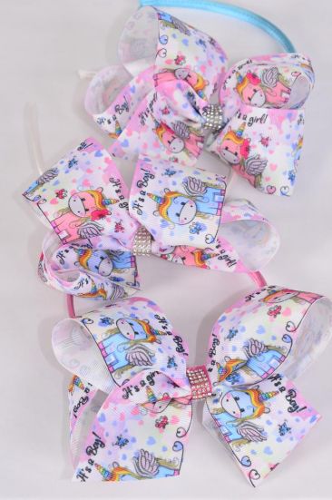 Headband Horseshoe Jumbo Cute Baby Unicorn Grosgrain Bow-tie / 12 pcs = Dozen Bow Size - 6" x 5", 4 of each Color Asst , Hang Tag & OPP Bag & UPC Code