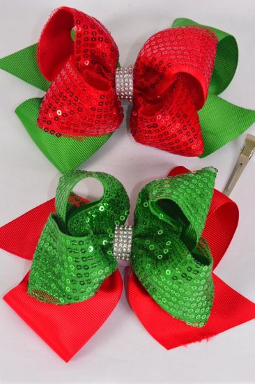 Hair Bow Jumbo XMAS Sequin Iridescent Double Layered Grosgrain Bow-tie/DZ **XMAS** Size-6"x 6" Wide,Alligator Clip,6 of each Color Mix,Clip Strip & UPC Code