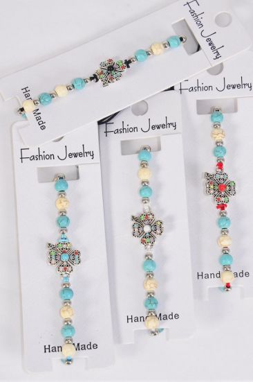 Bracelet Clover Semiprecious Stone Multi Color Stone Mix / 12 pcs = Dozen Clover , Pull-String , Adjustable , 3 Of each Pattern Asst , Individual Hang Tag & OPP Bag & UPC Code