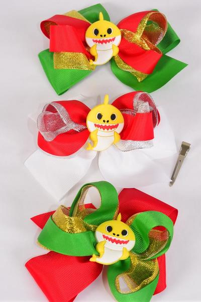 Hair Bow Jumbo Christmas Metallic Double Layered Happy Shark Charm Grosgrain Bow-tie / 12 pcs Bow = Dozen Christmas , Alligator Clip , Size - 6" x 5" Wide , 4 of each Pattern Mix , Clip Strip & UPC Code