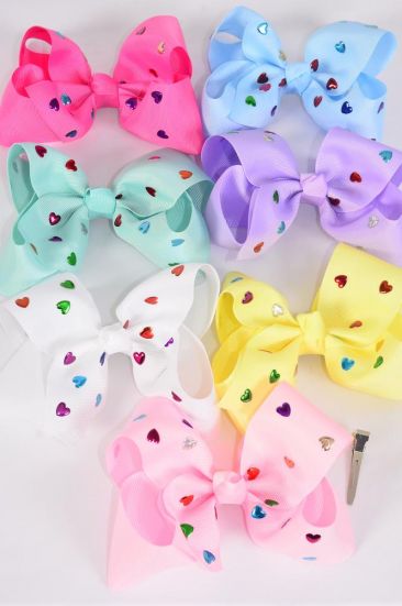 Hair Bow Jumbo Metallic Studded Hearts Grosgrain Bow-tie Pastel / 12 pcs Bow = Dozen Alligator Clip , Size - 6" x 5" , 2 White , 2 Pink , 1 Blue , 1 Yellow , 2 Lavender , 2 Hot Pink , 2 Mint Green Color Asst , Clip Strip & UPC Code