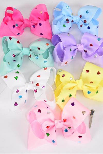 Hair Bow Jumbo Metallic Studded Hearts Grosgrain Bow-tie Pastel / 12 pcs Bow = Dozen Alligator Clip , Size - 6" x 5" , 2 White , 2 Pink , 1 Blue , 1 Yellow , 2 Lavender , 2 Hot Pink , 2 Mint Green Color Asst , Clip Strip & UPC Code
