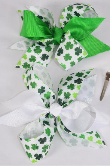 Hair Bow Jumbo 2 Tone Shamrock Grosgrain Bow-tie / 12 pcs Bow = Dozen  Alligator Clip , Size - 6" x 5" Wide , 6 of each Pattern Asst , Clip Strip and UPC Code