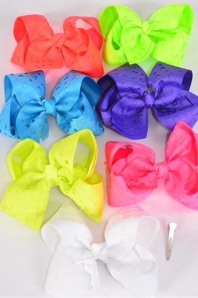 Hair Bow Jumbo Double Layered Carve Heart Caribbean Neon Grosgrain Bow-tie / 12 pcs Bow = Dozen  Alligator Clip , Size - 6" x 5" Wide , 2 Turquoise , 2 Orange , 2 White , 2 Purple , 2 Pink , 1 Yellow , 1 Lime Mix , Clip Strip and UPC Code