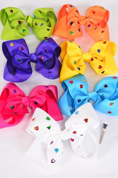 Hair Bow Jumbo Metallic Studded Hearts Grosgrain Bow-tie Citrus / 12 pcs Bow = Dozen Alligator Clip , Size - 6" x 5" Wide , 2 White ,2 Fuchsia ,2 Purple ,2 Yellow ,2 Blue ,1 Lime ,1 Orange Color Asst ,Clip Strip & UPC Code