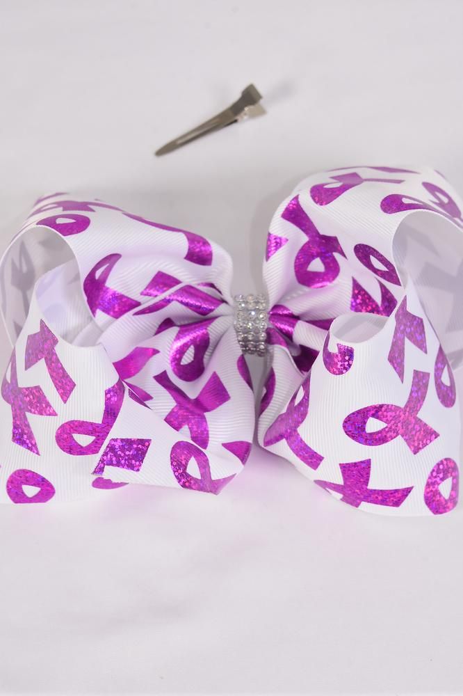 Hair Bow Jumbo Cheer Type Bow Pink Ribbon Holograph Center Clear
