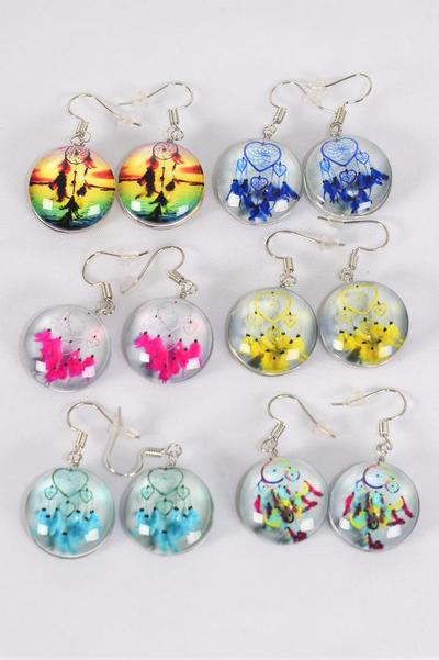 Earrings Dream Catcher Double Sided Glass Dome / 12 pair = Dozen    Fish Hook , Size-0.75" Wide , of each Design Asst , Earring Card & OPP Bag & UPC Code