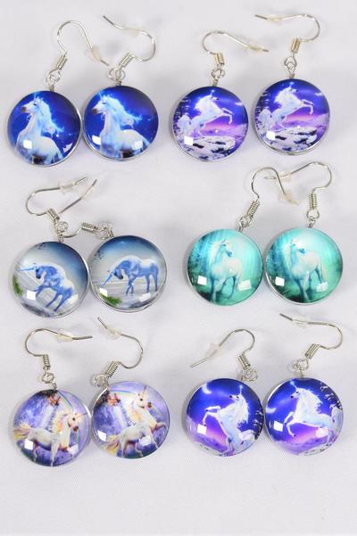 Earrings Unicorn Double Sided Glass Dome / 12 pair = Dozen  match 70269 Fish Hook , Size-0.75" Wide , 2 of each Pattern Asst , Earring Card & OPP Bag & UPC Code