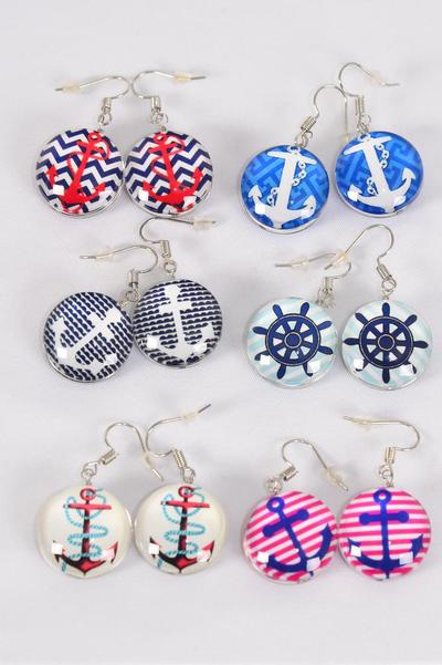 Earrings Nautical Anchor Double Sided Glass Dome / 12 pair = Dozen Match 70264 Fish Hook , Size-0.75" Wide , 2 of each Design Asst , Earring Card & OPP Bag & UPC Code