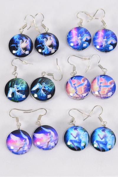 Earrings Angel Double Sided Glass Dome / 12 pair = Dozen  match 70257 Fish Hook , Size-0.75" Wide , 2 of each Pattern Asst , Earring Card & OPP Bag & UPC Code