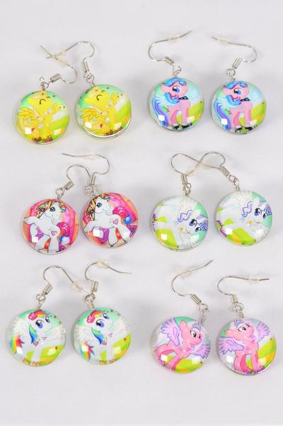 Earrings Pony Double Sided Glass Dome / 12 pair = Dozen  match 70261 Fish Hook , Size-0.75" Wide , 2 of each Pattern Asst , Earring Card & OPP Bag & UPC Code