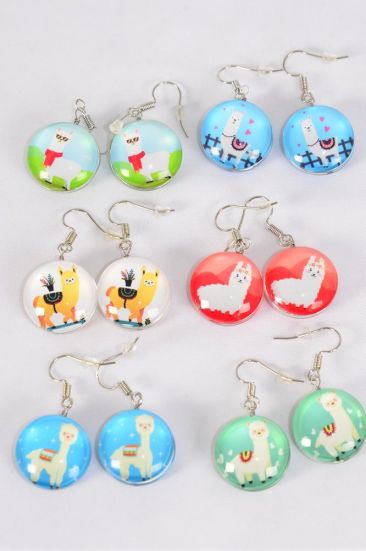 Earrings Llama Double Sided Glass Dome / 12 Pair = Dozen Match 70289 Fish Hook , Size - 0.75" Wide , 2 of each Pattern Asst , Earring Card & OPP Bag & UPC Code