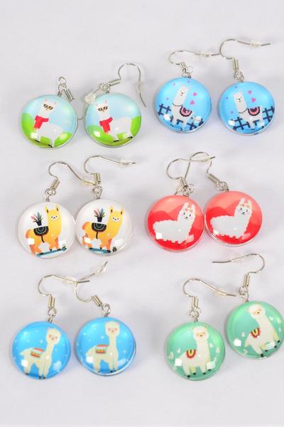 Earrings Llama Double Sided Glass Dome / 12 Pair = Dozen Match 70289 Fish Hook , Size - 0.75" Wide , 2 of each Pattern Asst , Earring Card & OPP Bag & UPC Code