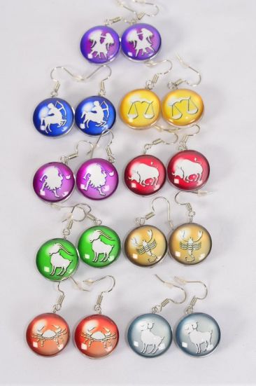 Earrings Greek Myth Zodiac Sign Double Sided Glass Dome Multi / 12 pair = Dozen match 70279 Zodiac sign , Fish Hook , Size - 0.75" Wide , 12 Month Asst , Earring Card & OPP Bag & UPC Code