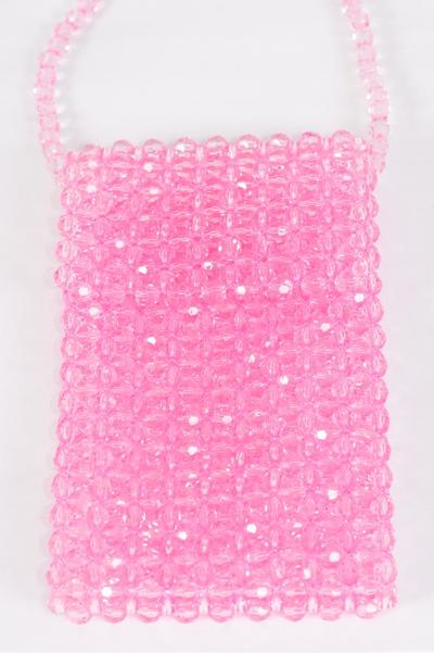 Acrylic Bags Women Handbags Ladies Evening Party Shoulder Bag Beaded Messenger Crossbody Bags Phone Purse/PC **Pink** Handmade,Size-7"x 4.25" Wide,OPP Bag & UPC Code