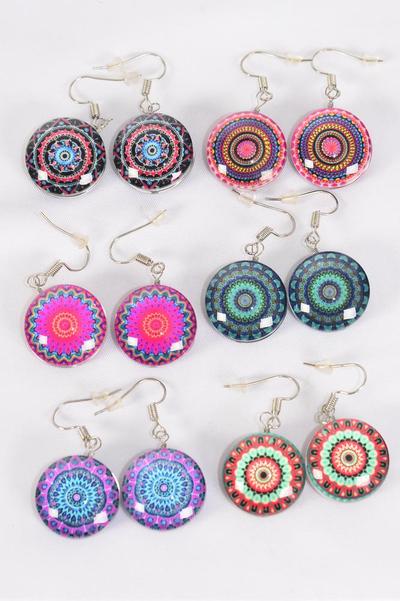 Earrings Aztec Mandala Double Sided Glass Dome Multi / 12 pair = Dozen  Fish Hook , Size-0.75" Wide , 2 of each Design Asst , Earring Card & OPP Bag & UPC Code