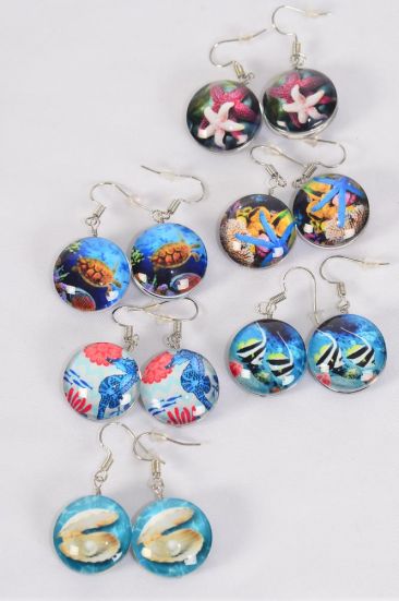 Earrings Under the Sea Ocean Creatures Double Sided Glass Dome / 12 pair = Dozen  match 70258 Fish Hook , Size - 0.75" Wide , 2 of each Pattern Asst , Earring Card & OPP Bag & UPC Code