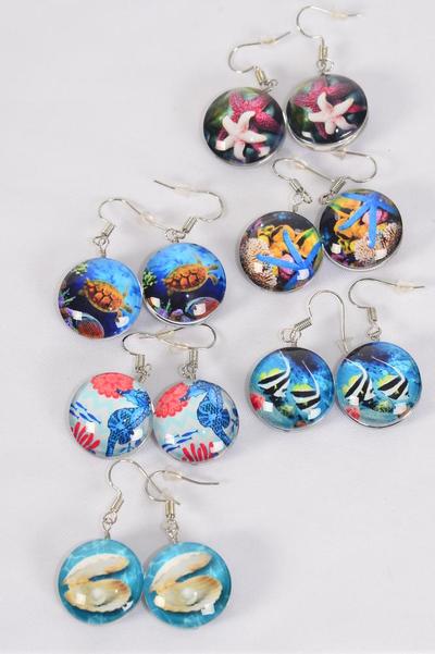 Earrings Under the Sea Ocean Creatures Double Sided Glass Dome / 12 pair = Dozen  match 70258 Fish Hook , Size-0.75" Wide , 2 of each Pattern Asst , Earring Card & OPP Bag & UPC Code