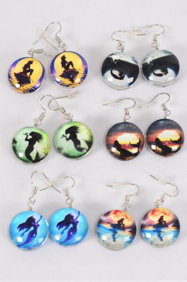 Earrings Mermaid Double Sided Glass Dome / 12 pair = Dozen  match 70270 Fish Hook , Size-0.75" Wide , 2 of each Design Asst , Earring Card & OPP Bag & UPC Code