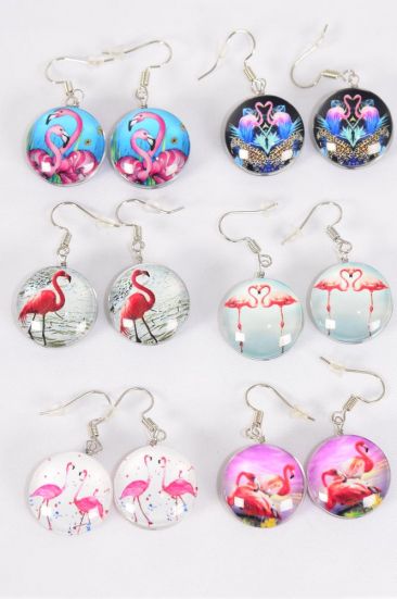 Earrings Flamingo Double Sided Glass Dome/DZ match 70271 **Fish Hook** Size-0.75" Wide,2 of each Design Asst,Earring Card & OPP Bag & UPC Code