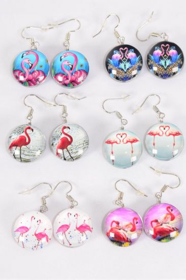 Earrings Flamingo Double Sided Glass Dome / 12 pair = Dozen    Fish Hook , Size - 0.75" Wide , 2 of each Pattern Asst , Earring Card & OPP Bag & UPC Code