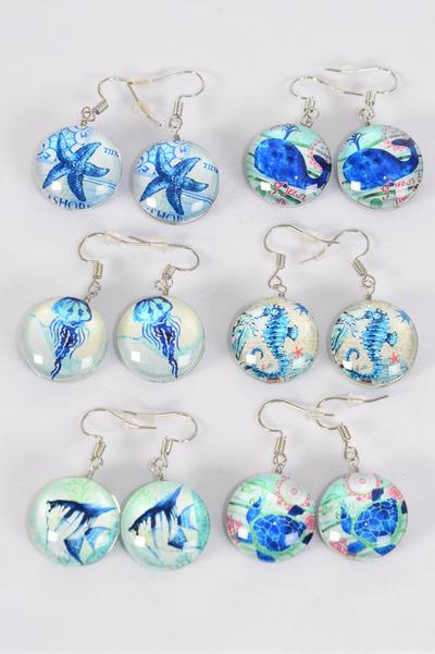 Earrings Sea Creatures Double Sided Glass Dome / 12 pair = Dozen Fish Hook , Size - 0.75" Wide , 2 of each Pattern Asst , Earring Card & OPP Bag & UPC Code