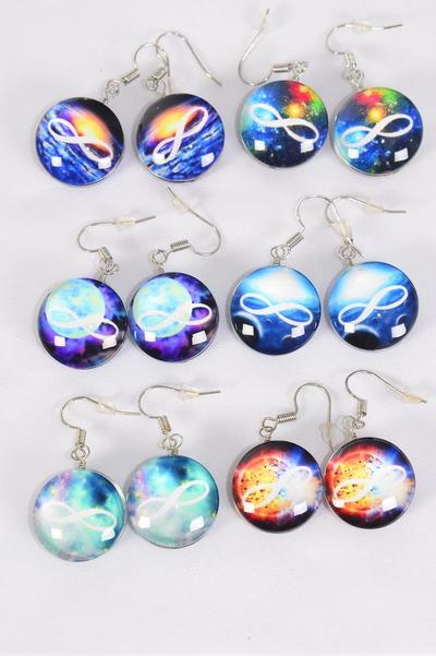 Earrings Infinity Symbol Double Sided Glass Dome / 12 pair = Dozen match 70267 Fish Hook , Size-0.75" Wide , 2 of each Pattern Asst , Earring Card & OPP Bag & UPC Code