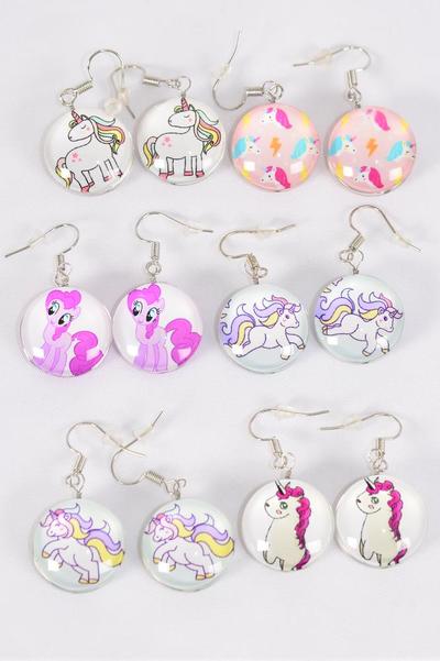 Earrings Unicorn Pony Double Sided Glass Dome / 12 pair = Dozen match 70295 Fish Hook , Size-0.75" Wide , 2 of each Pattern Asst , Earring Card & OPP Bag & UPC Code