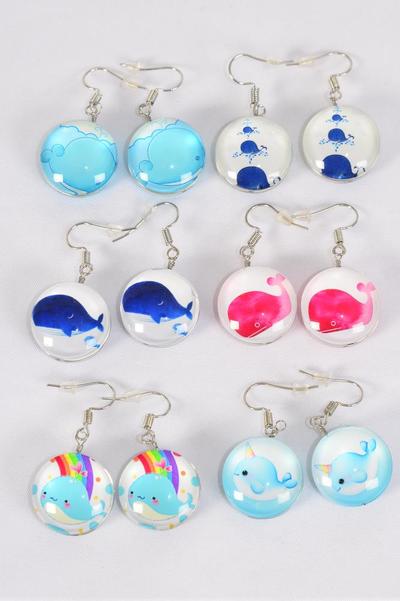 Earrings Cute Dolphin Whale Narwhal Mix Double Sided Glass Dome / 12 pair = Dozen Fish Hook , Size - 0.75" Wide , 2 of each Pattern Asst , Earring Card & OPP Bag & UPC Code