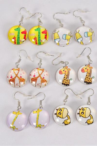 Earrings Giraffe Double Sided Glass Dome / 12 pair = Dozen match 70291 Fish Hook , Size - 0.75" Wide , 2 of each Pattern Asst , Earring Card & OPP Bag & UPC Code