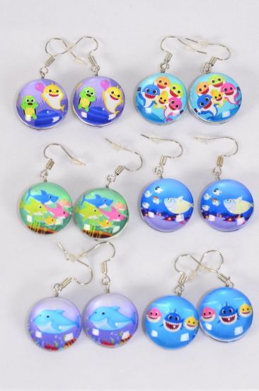 Earrings Happy Shark Under the Sea Double Sided Glass Dome / 12 pair = Dozen match 70287 Fish Hook , Size - 0.75" Wide , 2 of each Pattern Asst , Earring Card & OPP Bag & UPC Code